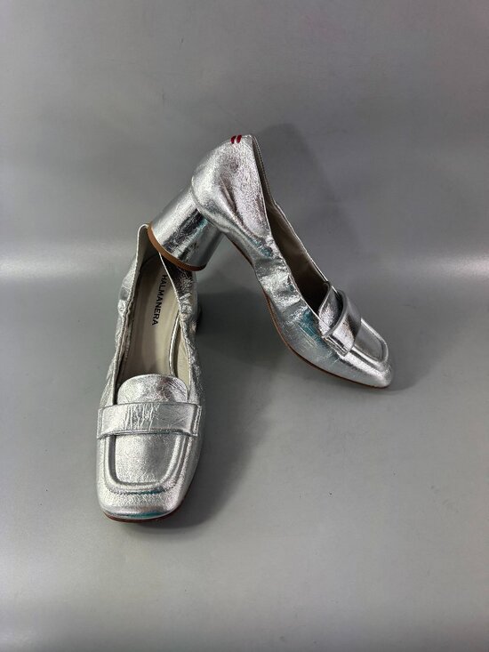Halmanera Shoes - Halmanera Made in Italy Metallic Silver Blocked Heel Shoes, Size 39